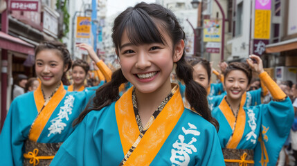 Smiling Girls in Traditional Blue Yukata at Awa Odori Festival Street Parade in Japan