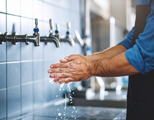 A person washes their hands under running water from a faucet in a tiled washroom, emphasizing hygiene and cleanliness.