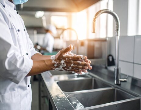 A chef in a white uniform washes hands thoroughly with soap in a professional kitchen sink area, emphasizing hygiene and cleanliness.
