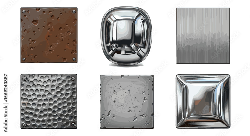 Poster collection of six metallic rectangular and oval objects with varying textures and reflections