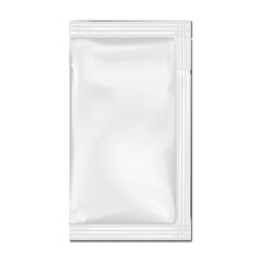 Blank white rectangle 3-side seal sachet packet with tear notches. 3d mockup. Plastic pouch bag. Realistic vector mock-up. Food, medical or cosmetic product individual package. Template for design