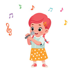 happy cute kid girl sing a song cartoon vector illustration