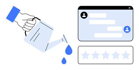 Hand pouring water as blue drops beside chat interaction and rating system. Ideal for teamwork, growth, relationship, engagement, progress, customer support, simple landing page