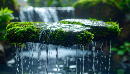 A waterfall flowing over floating moss-covered stones, surrounded by glowing bioluminescent plants, surreal nature concept, soft morning light, unique stock-ready composition, unseen on Adobe Stock.