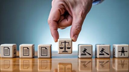 law and justice concept with wooden blocks and legal symbols on table
