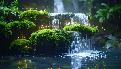 A waterfall flowing over floating moss-covered stones, surrounded by glowing bioluminescent plants, surreal nature concept, soft morning light, unique stock-ready composition, unseen on Adobe Stock.