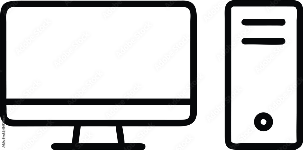 Poster simple black outline icon of a desktop computer with monitor and tower