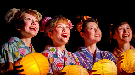 Smiling Women Singing at Awa Odori Festival in Yukata Holding Lanterns During Traditional Night Celebration in Japan