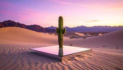 Unseen lone cactus growing on a glass platform in a futuristic desert with mirrored sand dunes and a glowing violet sky, never-before-seen natural concept, shot with cinematic depth of field.