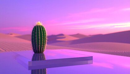 Unseen lone cactus growing on a glass platform in a futuristic desert with mirrored sand dunes and a glowing violet sky, never-before-seen natural concept, shot with cinematic depth of field.