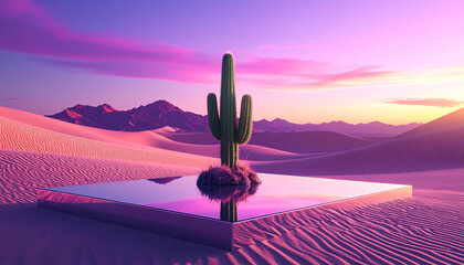 A lone cactus growing on a glass platform in a futuristic desert with mirrored sand dunes and a glowing violet sky, never-before-seen natural concept, shot with cinematic depth of field.