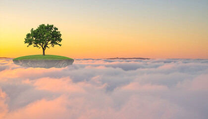 A single tree standing on a floating island above clouds during golden hour, light fog, surreal composition, concept of isolation and beauty, ideal for commercial use, unique nature scenery.