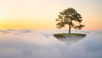 A single tree standing on a floating island above clouds during golden hour, light fog, surreal composition, concept of isolation and beauty, ideal for commercial use, unique nature scenery.