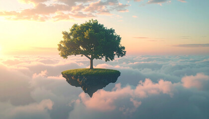 A single tree standing on a floating island above clouds during golden hour, light fog, surreal composition, concept of isolation and beauty, ideal for commercial use, unique nature scenery.