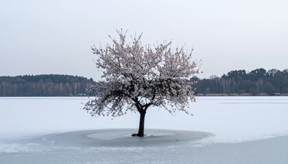 A blooming cherry blossom tree in the middle of a frozen lake, soft lighting, blending spring and winter, never-seen-on-stock photo, ideal for book covers and posters.