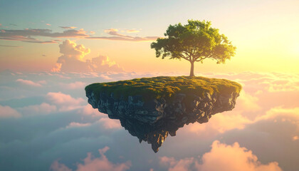 A single tree standing on a floating island above clouds during golden hour, light fog, surreal composition, concept of isolation and beauty, ideal for commercial use, unique nature scenery.