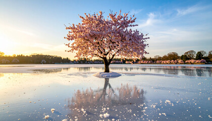 A blooming cherry blossom tree in the middle of a frozen lake, soft lighting, blending spring and winter, never-seen-on-stock photo, ideal for book covers and posters.