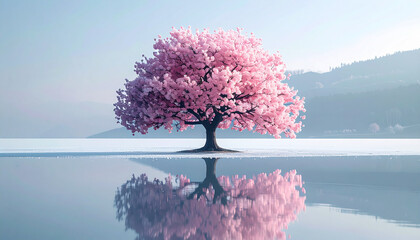 A blooming cherry blossom tree in the middle of a frozen lake, soft lighting, blending spring and winter, never-seen-on-stock photo, ideal for book covers and posters.