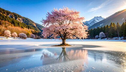 A blooming cherry blossom tree in the middle of a frozen lake, soft lighting, blending spring and winter, never-seen-on-stock photo, ideal for book covers and posters.