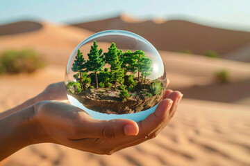 Environmental concept. A concept of a miniature forest growing inside a glass sphere held by human hands in a desert, nature elements, ad-ready, highly original, stock-approved composition.