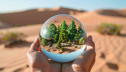 Environmental concept. A concept of a miniature forest growing inside a glass sphere held by human hands in a desert, nature elements, ad-ready, highly original, stock-approved composition.