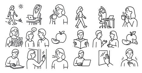 Fototapeta premium Series of images depicting various activities such as reading, walking, and eating. The mood of the images is lighthearted and playful, with a focus on everyday activities