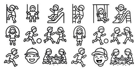 Series of children playing in a park. The children are playing with a ball, a swing, and a slide. Scene is happy and playful