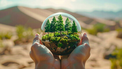 Environmental concept. A concept of a miniature forest growing inside a glass sphere held by human hands in a desert, nature elements, ad-ready, highly original, stock-approved composition.