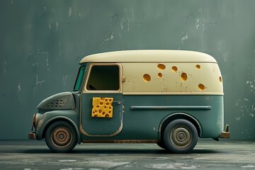 Vintage delivery van transporting cheese, featuring cheese shaped holes, parked against a textured wall