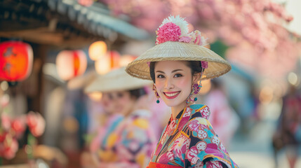 Beautiful Woman in Pink Yukata Smiling Joyfully at Awa Odori Festival Amid Cherry Blossoms