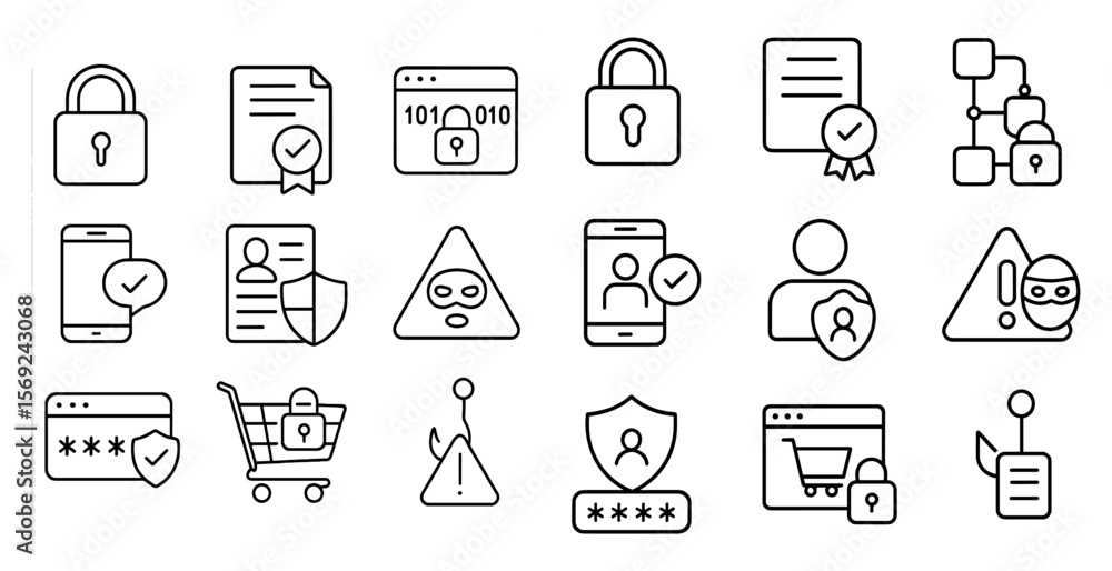 Poster set of icons for security and privacy. the icons include a key, a person with a shield, a person wit
