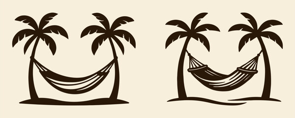 Hammocks tied between two palm trees, beach relaxation icons.