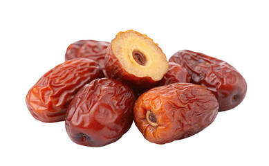 Fresh organic jujube fruit with sliced half on black background, dried red dates stacked together