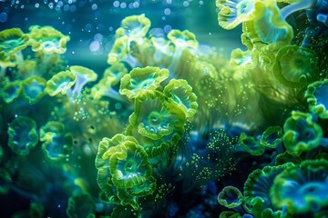 Fototapeta premium A close-up of multiple green and blue anemones in water, with blurry bokeh-like effects creating a dreamy underwater scene.
