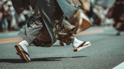 Running in Wooden Geta Sandals During Awa Odori Festival – Traditional Japanese Dance Footwear in Motion
