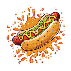 Hot Dog Bun splash Colorful Vector in Adorable Comic Style with Expressive Lines..
