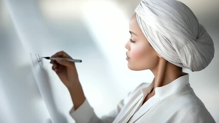 Muslim woman in business attire writing on a whiteboard - Powered by Adobe