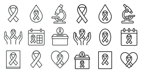Set of black and white icons for breast cancer awareness. The icons include a calendar, a box, a heart, a ribbon, and a microscope