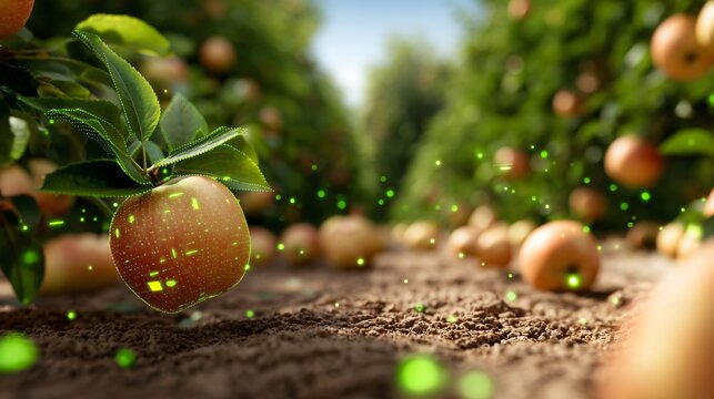 augmented reality overlay on apple orchard showing temperature, moisture, disease risk - Powered by Adobe