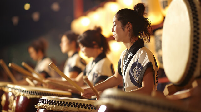 Awa Odori Festival Female Taiko Drummers in Traditional Attire Performing Under Lantern Lights – Japanese Cultural Night Show