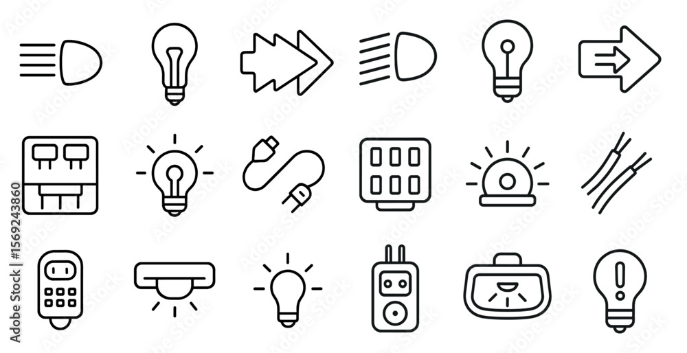Poster collection of light bulbs and other electrical items. the light bulbs are arranged in various shapes