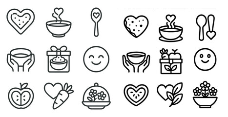 Collection of food and utensils with a smiling face and a heart. The smiling face and heart are surrounded by a bowl of food and a spoon