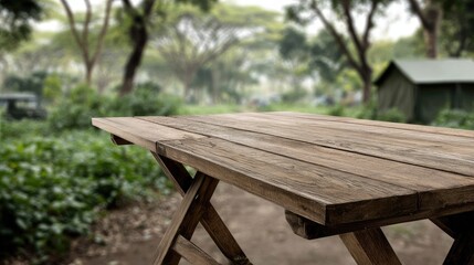 Fototapeta premium Exploring nature with a red backpack on a wooden table in a forest park, perfect for camping adventures and outdoor travel ideas
