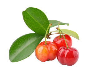 Fresh acerola cherries with green leaves isolated on white background for healthy eating concept