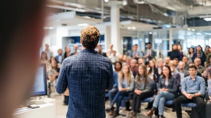 A boss giving a motivational speech to the employees, with everyone gathered in the office, listening attentively.