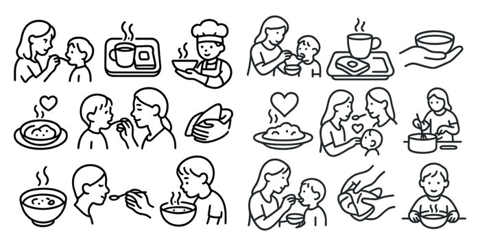 Series of images of people eating and drinking, with a focus on the importance of family meals