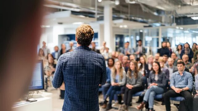 A boss giving a motivational speech to the employees, with everyone gathered in the office, listening attentively.