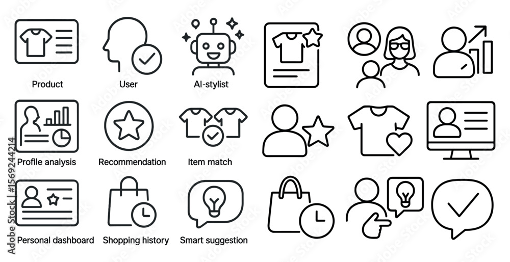 Poster line of icons for a shopping app. the icons include a robot, a person with a heart, a person with a 