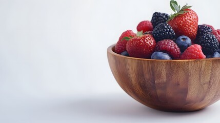 Photograph of a wooden bowl filled with fresh raspberries, blackberries, and blueberries against a white background.