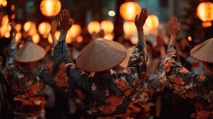 Awa Odori Festival Traditional Dancers in Floral Yukata Performing at Night with Lanterns Glowing in Background – Japanese Summer Celebration